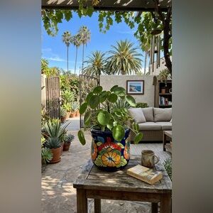 7" Talavera Style Ceramic Planter - Hand-Painted Blue Floral Flower Pot